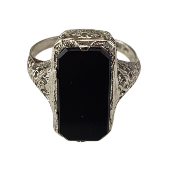 Antique 16 - 18 Karat White Gold and Onyx Ring Size 5.75-6 #21603